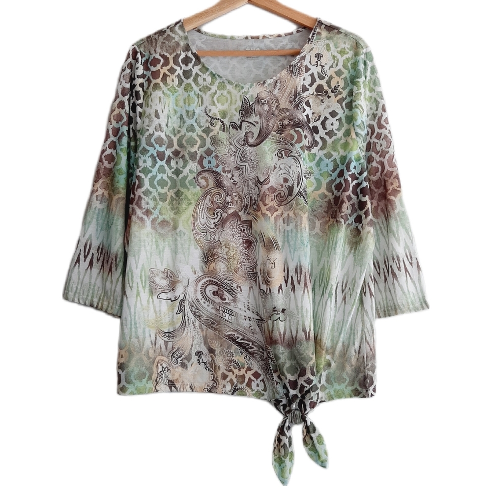 🍒 Alia Bottom Tie Abstract Paisley Floral Blouse Top Green Sz 1X